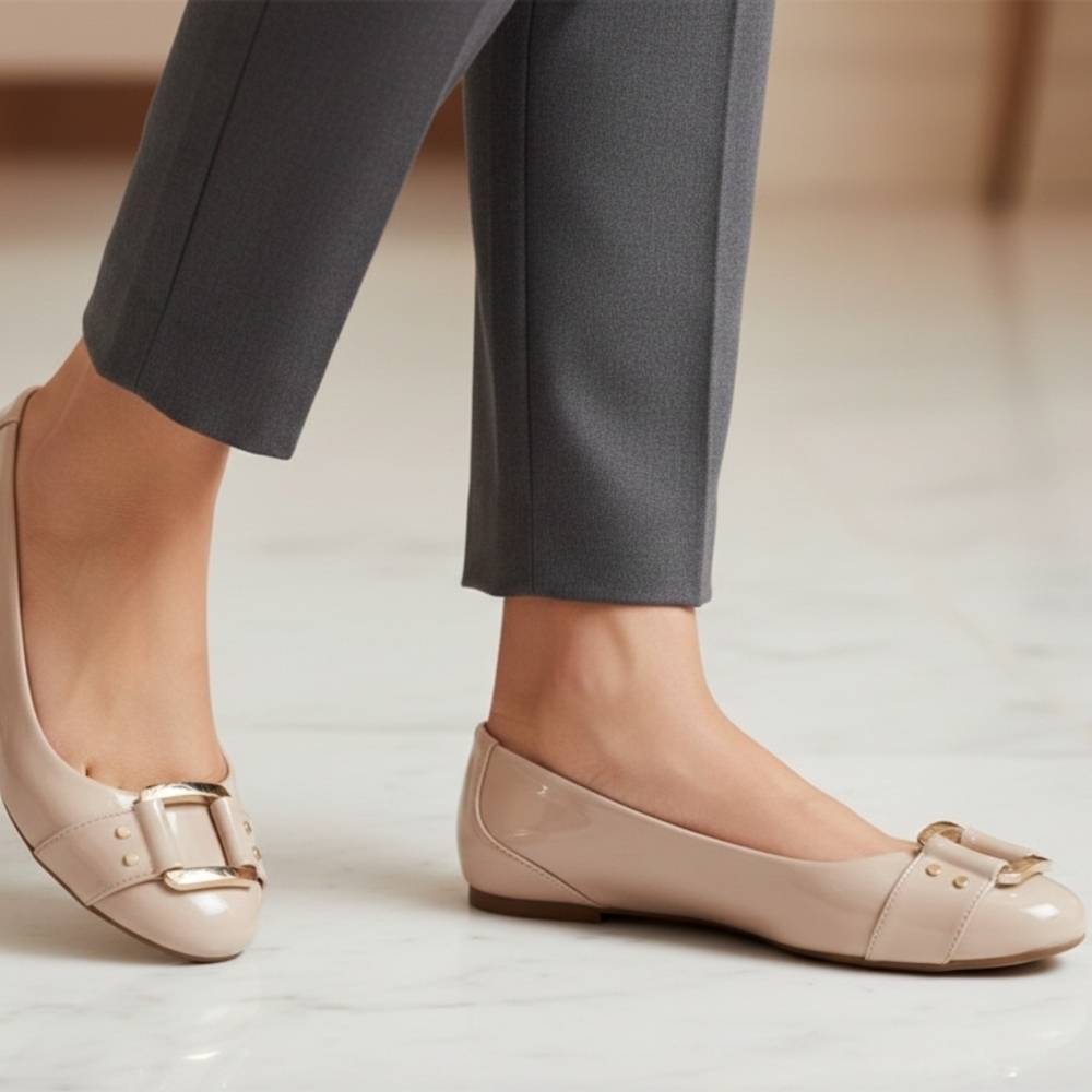 Dr. Scholl's Beige patent Flats with Gold Buckle